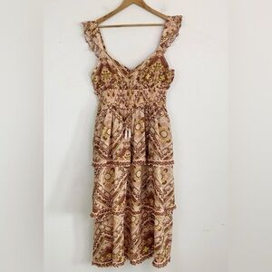 Cleobella Stella Midi Dress in Geo Print Brown Neutral Ruffle